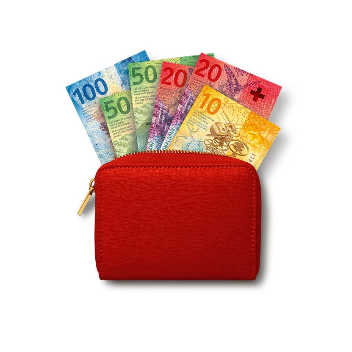 Aus einem roten Portemonnaie schauen Geldscheine im Wert von 250 Franken raus
