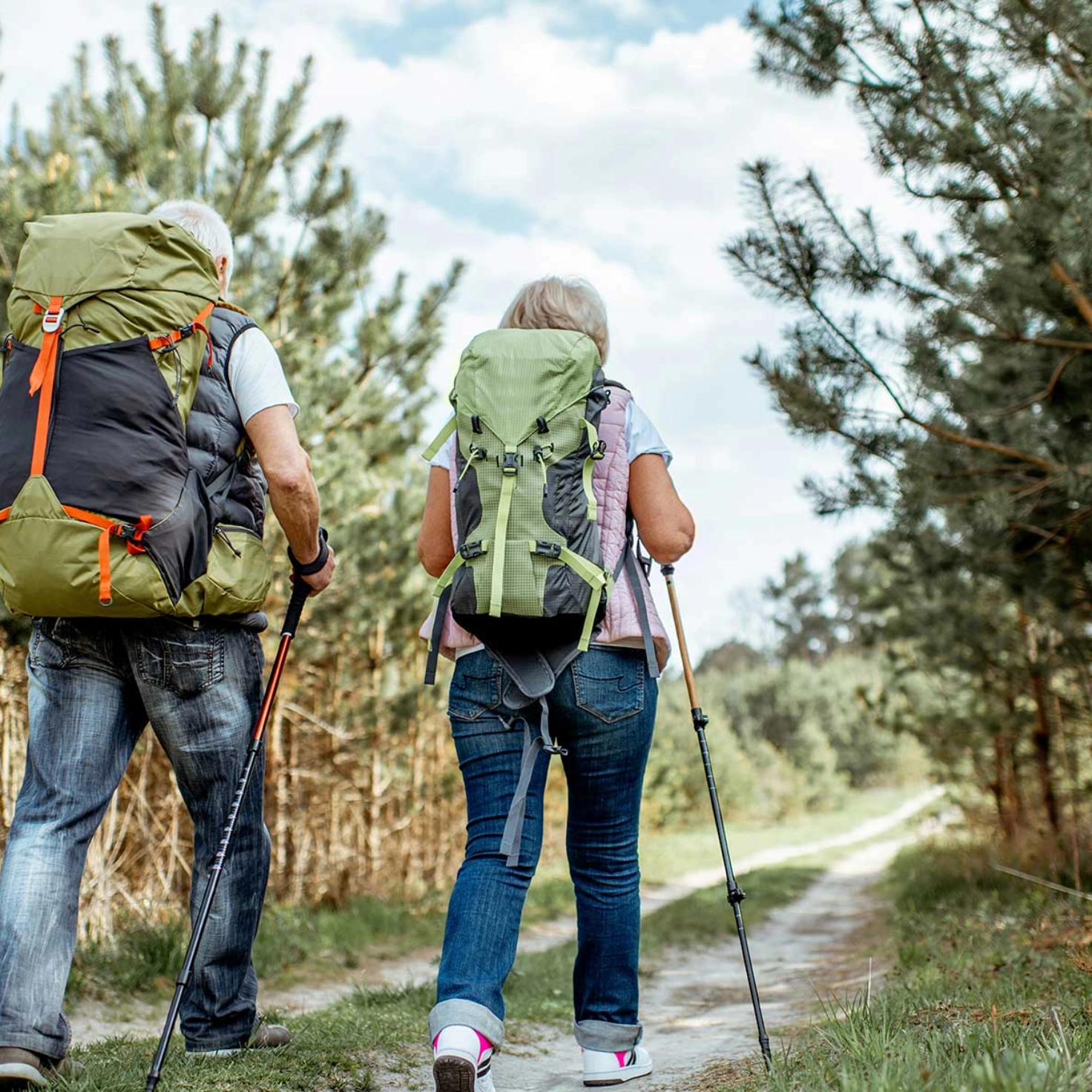 Ein älteres Paar mit Rucksäcken und Wanderstöcken wandert auf einem von Nadelbäumen gesäumten Weg.