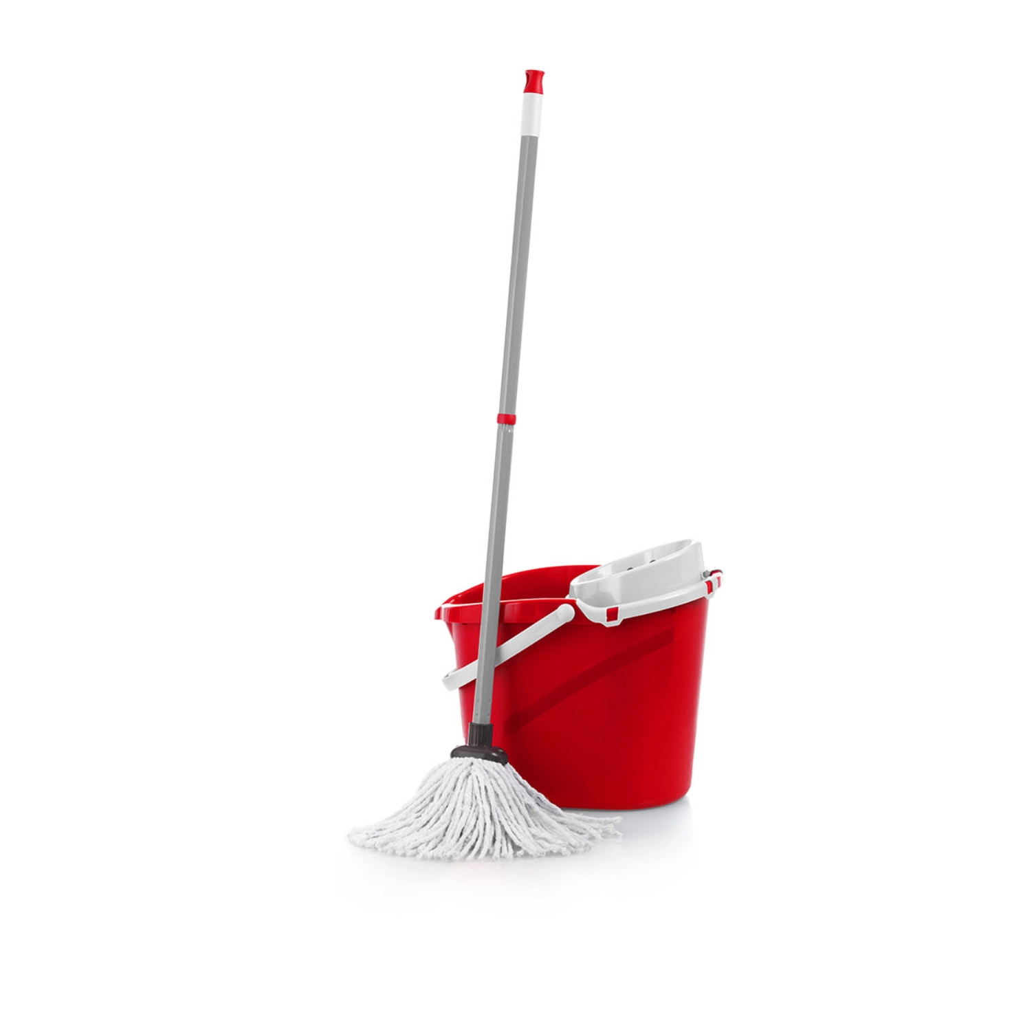 Cleaning bucket with mop against a neutral background