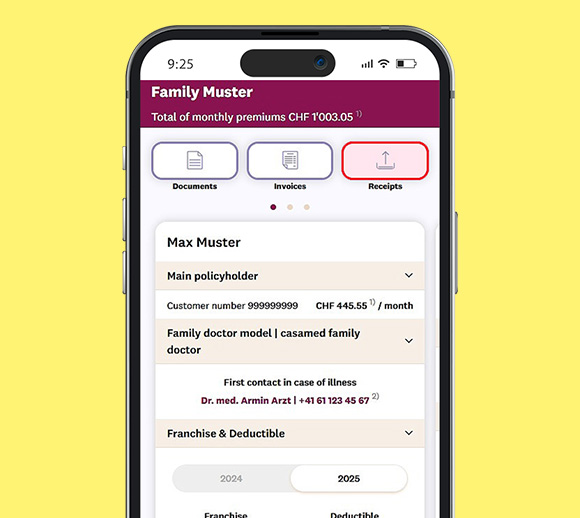 Smartphone with the mySympany app open. The overview page with the coloured "Receipts" button is displayed.