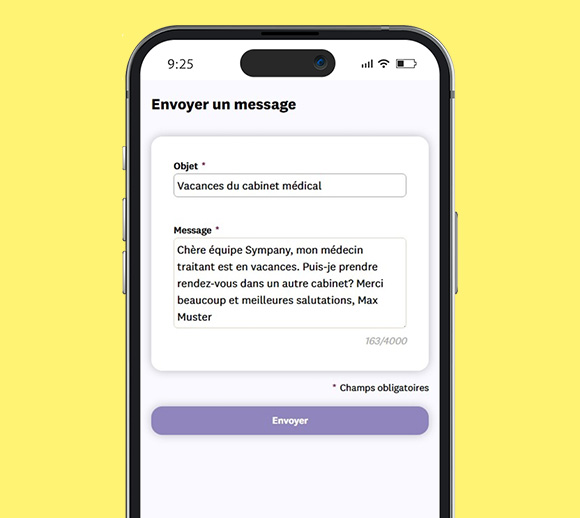 Smartphone avec l'application mySympany ouverte. Vous voyez ici un message non encore envoyé au service clientèle.