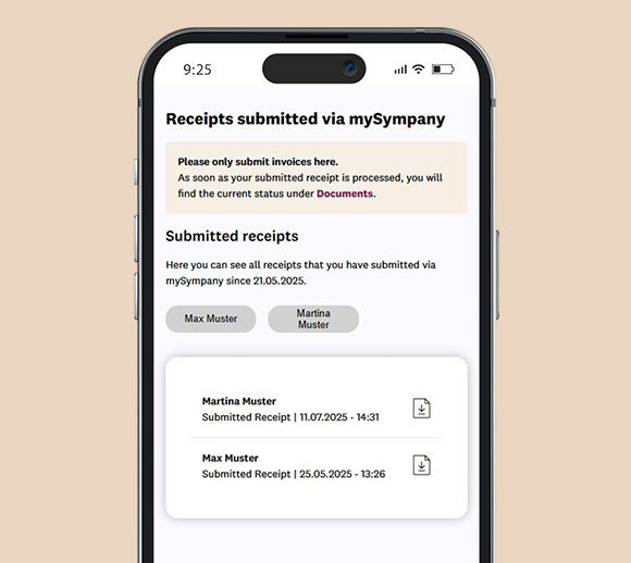 Smartphone with the mySympany app open. Documents can be submitted on the page shown.