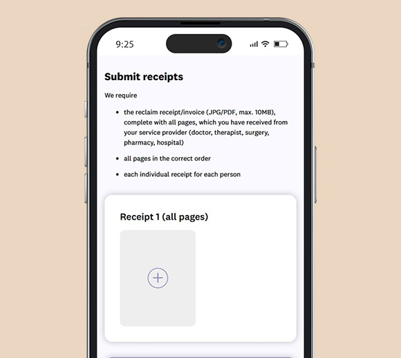 Smartphone with the mySympany app open. Documents can be submitted on the page shown.