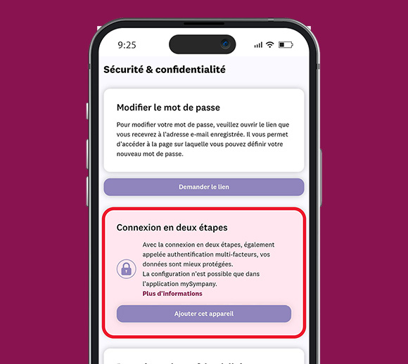 Smartphone avec l'application mySympany ouverte. Les paramètres de sécurité sont affichés. La section «Connexion en deux étapes» est surlignée en couleur.