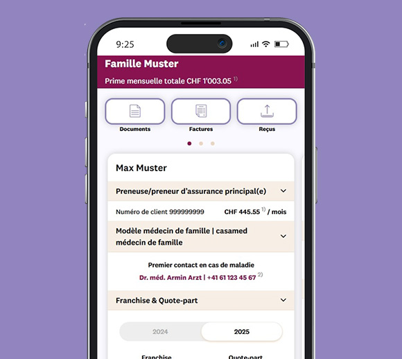 Smartphone avec l'application mySympany ouverte. La page d'aperçu est affichée.