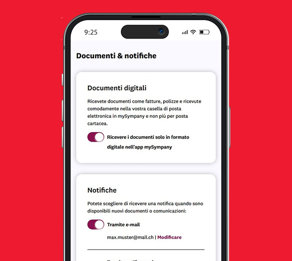 Smartphone con l'app mySympany aperta. Le impostazioni sono visibili tramite le notifiche e i documenti digitali.