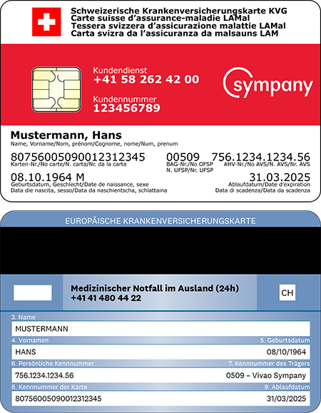Versichertenkarte für die Grundversicherung von Sympany: Vorderseite mit Chip, Rückseite mit Magnetstreifen