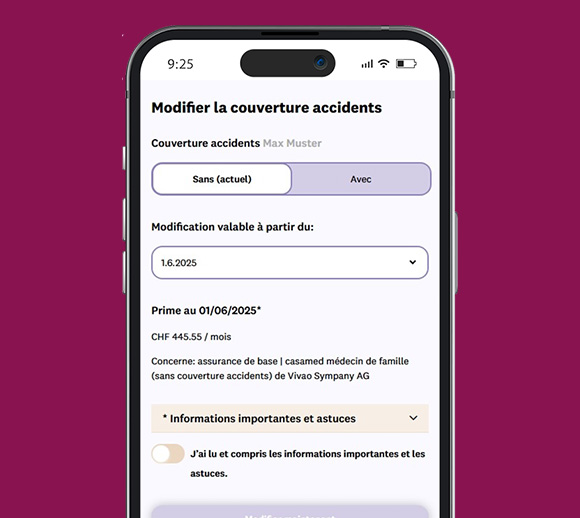 Smartphone avec l'application mySympany ouverte. La couverture accident peut être modifiée sur la page affichée.