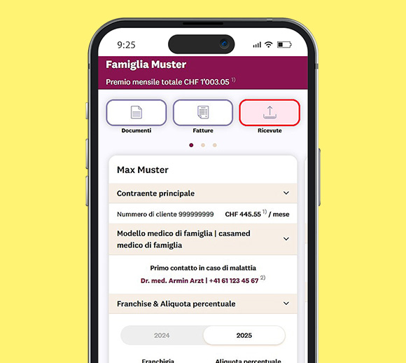 Smartphone con l'app mySympany aperta. È visibile la pagina panoramica con il pulsante colorato «Ricevute».