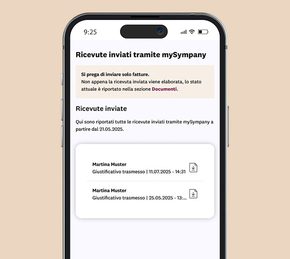 Smartphone con l'app mySympany aperta. Nella pagina visualizzata, un membro della famiglia può inviare documenti e visualizzare quelli inviati più di recente.