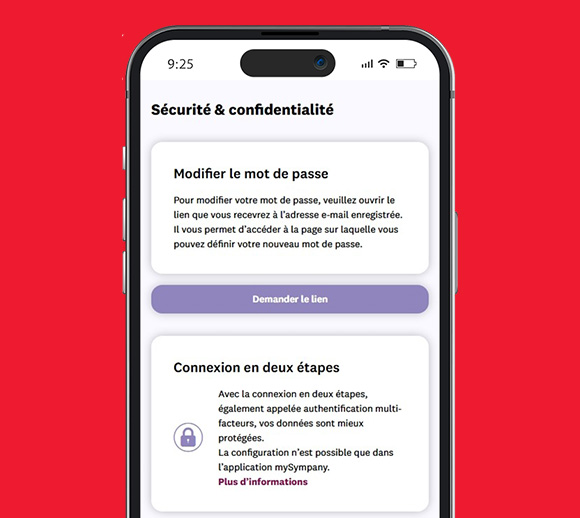 Smartphone avec l'application mySympany ouverte. Les paramètres de sécurité sont affichés.