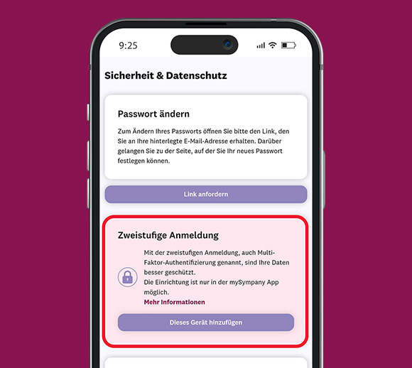 Smartphone mit geöffneter mySympany App. Zu sehen sind die Sicherheitseinstellungen. Der Abschnitt "Zweistufige Anmeldung" ist farbig hervorgehoben.