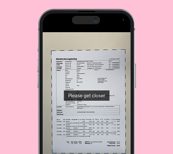 Smartphone with the mySympany app open, currently scanning a claim form. The app instructs the user to hold the camera closer to the document.