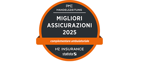 Sigillo del sondaggio della Handelszeitung sulle migliori assicurazioni 2025. L’assicurazione complementare ambulatoriale di Sympany si piazza al primo posto.