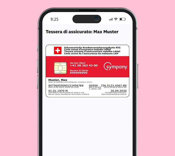 Smartphone con l'app mySympany aperta. È visibile la tessera di assicurato digitale.