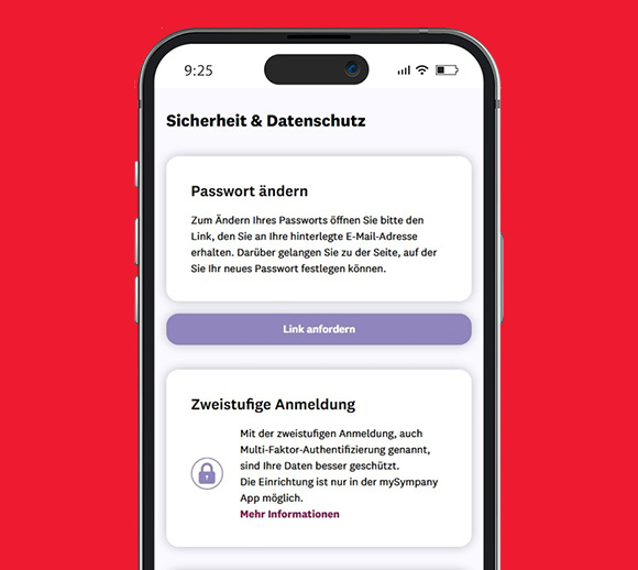 Smartphone mit geöffneter mySympany App. Zu sehen sind die Sicherheits-Einstellungen.