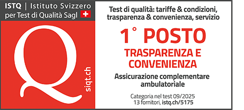 Sigillo di ISTQ in italiano, 1° posto nella categoria trasparenza e comfort tra le assicurazioni complementari ambulatoriali