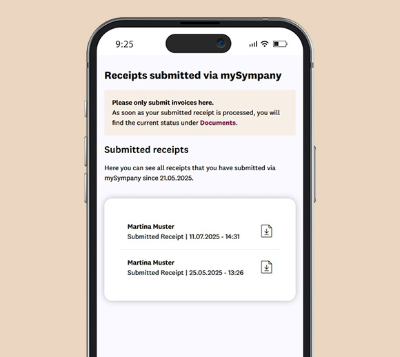 Smartphone with the mySympany app open. On the page shown, a family member can submit receipts and view the most recently submitted receipts.