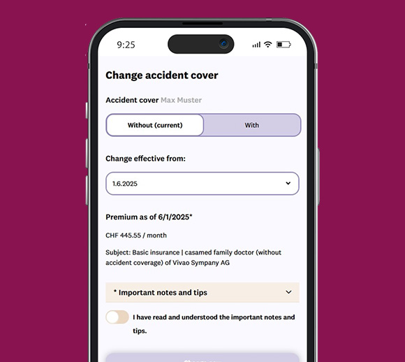 Smartphone with the mySympany app open. The accident cover can be changed on the page shown.