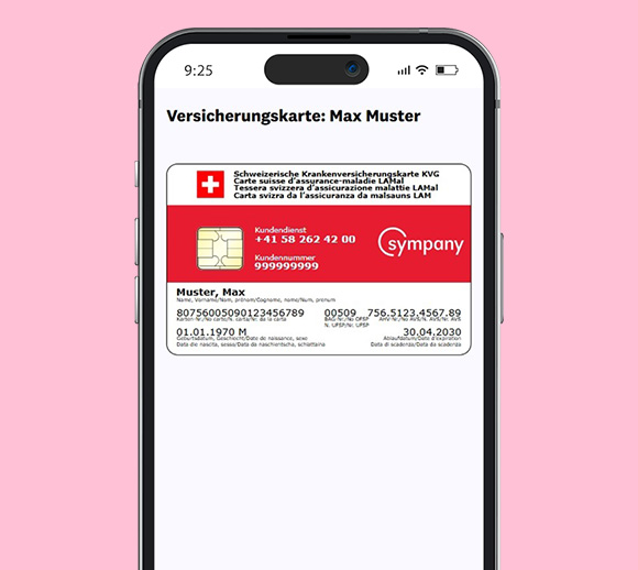 Smartphone mit geöffneter mySympany App. Zu sehen ist die digitale Versichertenkarte.