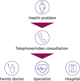 Illustrated diagram with icons and English text explaining how callmed 24 works: If you have health problems, contact the telephone/video consultation service. If necessary, they will refer you to a family doctor, a specialist or a hospital.
