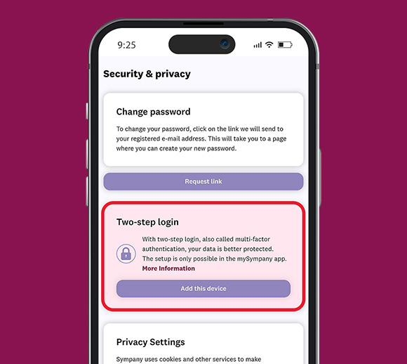 Smartphone with the mySympany app open. The security settings are displayed. The section "Two-step login" is highlighted in colour.