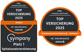 Siegel der Handelszeitung auf Deutsch, 1. Platz für die Spitalzusatzversicherung, 2. Platz für die ambulante Zusatzversicherung von Sympany
