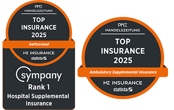 Seal of the Handelszeitung in English, 1st place for supplementary hospital insurance, 2nd<br/>place for Sympany's supplementary outpatient insurance