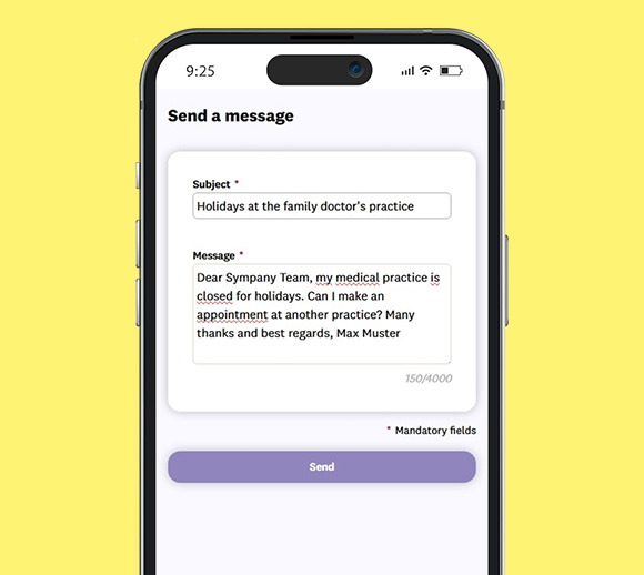 Smartphone with the mySympany app open. You can see a message that has not yet been sent to customer service.