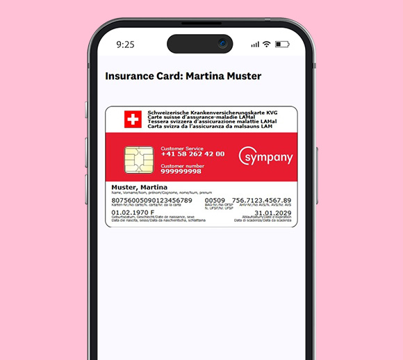 Smartphone with the mySympany app open. The digital insurance card of a family member is shown.