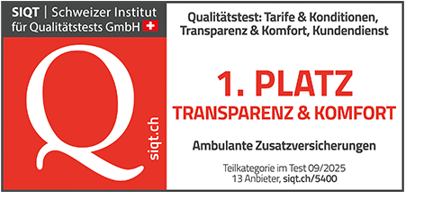 Siegel von SIQT auf Deutsch, 1. Platz in der Kategorie Transparenz & Komfort bei den ambulanten Zusatzversicherungen
