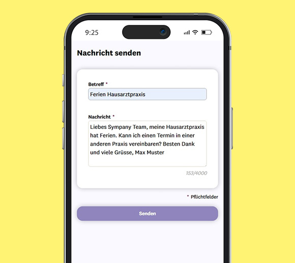 Smartphone mit geöffneter mySympany App. Zu sehen ist eine noch nicht gesendete Nachricht an den Kundenservice.