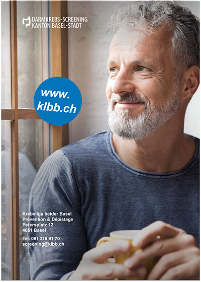 Image of a poster for the canton of Basel-Stadt's colon cancer screening. It shows a man with grey hair and a grey beard, smiling out of the window. Underneath the man's face, in German, it says: "Prevent or detect colon cancer early. We support you."
