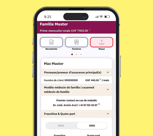 Smartphone avec l'application mySympany ouverte. La page d'aperçu avec le bouton «Reçus» marqué en couleur s'affiche.