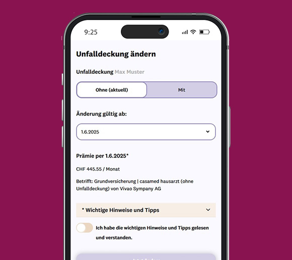 Smartphone mit geöffneter mySympany App. Auf der gezeigten Seite kann die Unfalldeckung geändert werden.