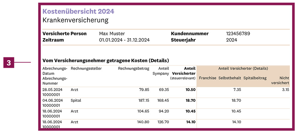 Ausschnitt aus der Kostenübersicht der Krankenkasse für die Steuererklärung: Details zu den vom Versicherungsnehmer getragenen Kosten