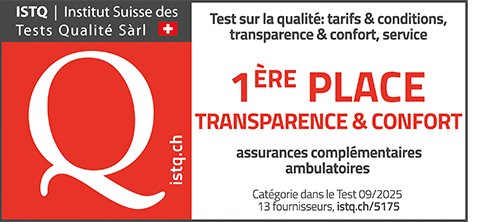 Sceau de ISTQ en français, 1er place dans la catégorie Transparence & Confort pour les assurances complémentaires ambulatoires