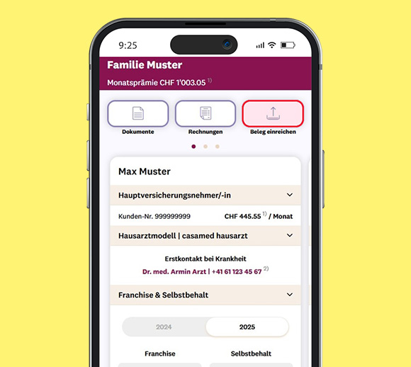 Smartphone mit geöffneter mySympany App. Zu sehen ist die Übersichtsseite mit farbig markiertem Button "Belege".