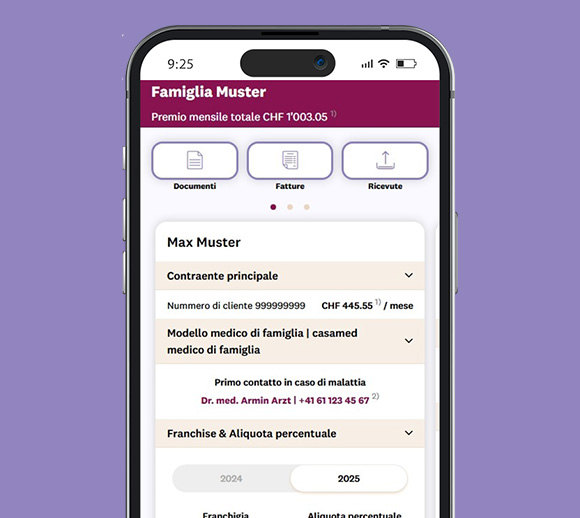 Smartphone con l'app mySympany aperta. È possibile visualizzare la pagina panoramica.