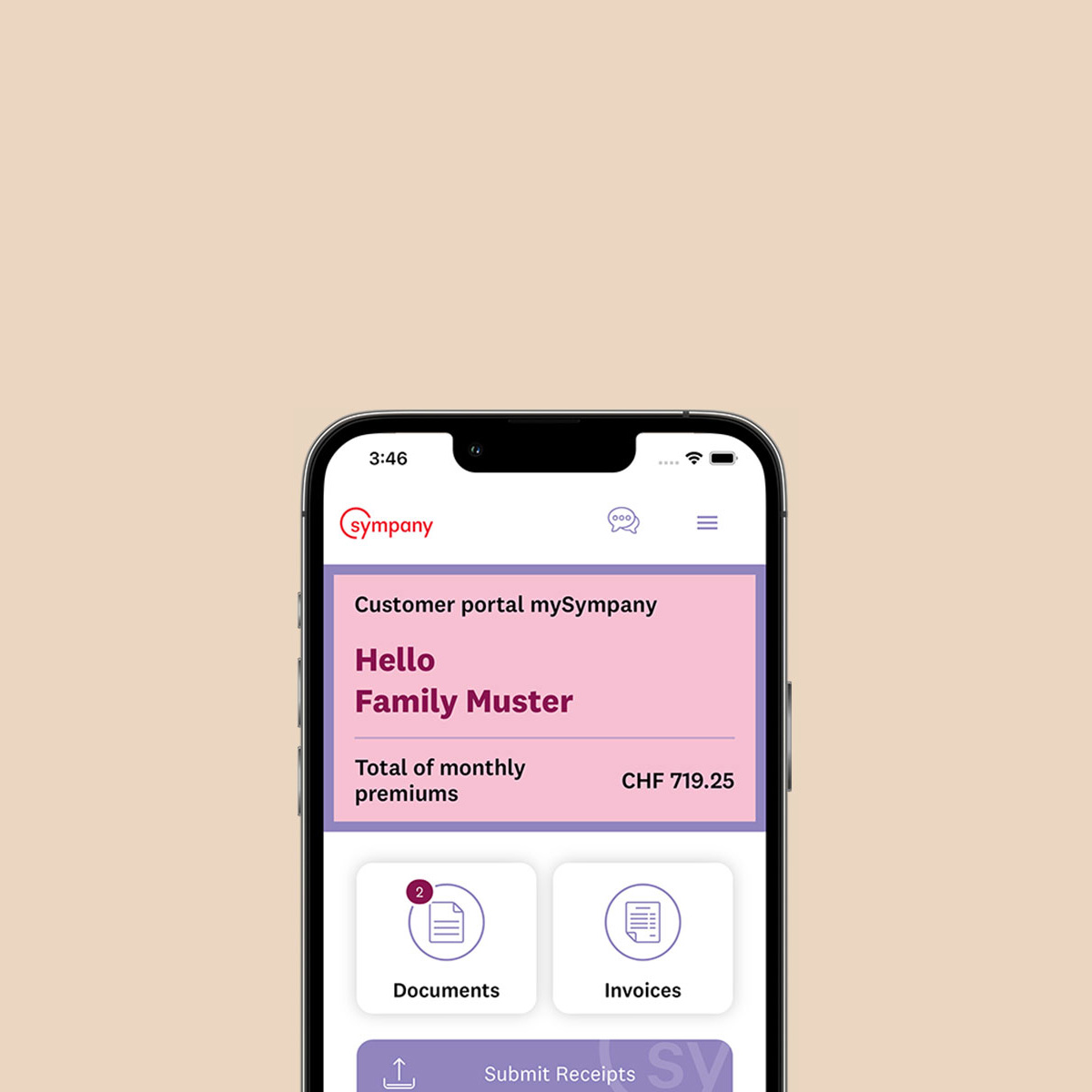 Smartphone with the mySympany homepage in English