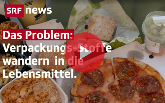 Vorschaubild für ein Video von SRF. Darauf folgender Text: "Das Problem: Verpackungsstoffe wandern in die Lebensmittel."