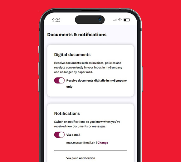 Smartphone with the mySympany app open. The settings can be viewed via notifications and digital documents.