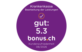 Siegel von bonus.ch zur Kundenzufriedenheit mit Krankenkassen bei der Bearbeitung von Leistungen