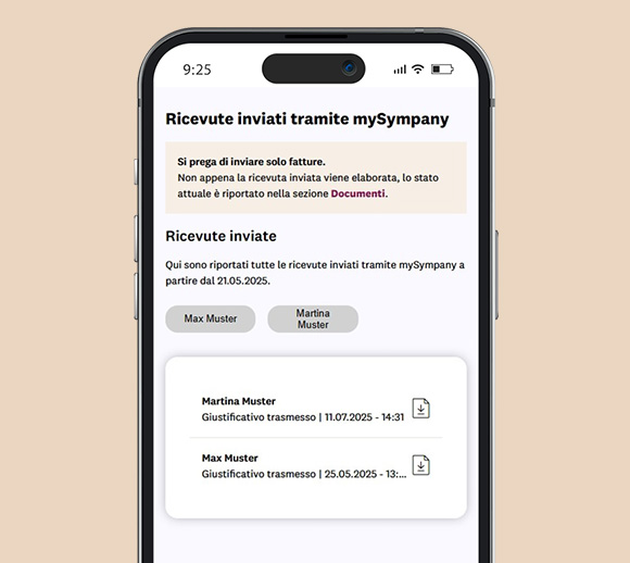 Smartphone con l'app mySympany aperta. Nella pagina visualizzata è possibile inviare i fatture.