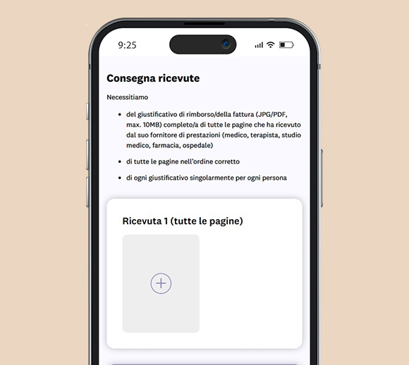 Smartphone con l'app mySympany aperta. Nella pagina visualizzata è possibile inviare i fatture.
