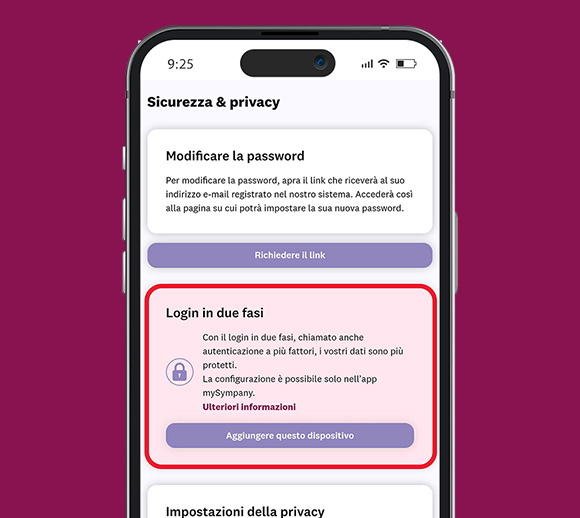 Smartphone con l'app mySympany aperta. Sono visibili le impostazioni di sicurezza. La sezione "Login in due fasi" è evidenziata a colori.