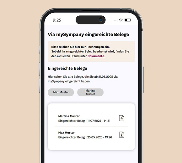 Smartphone mit geöffneter mySympany App. Auf der gezeigten Seite können Belege eingereicht und die zuletzt eingereichten Belege angesehen werden.