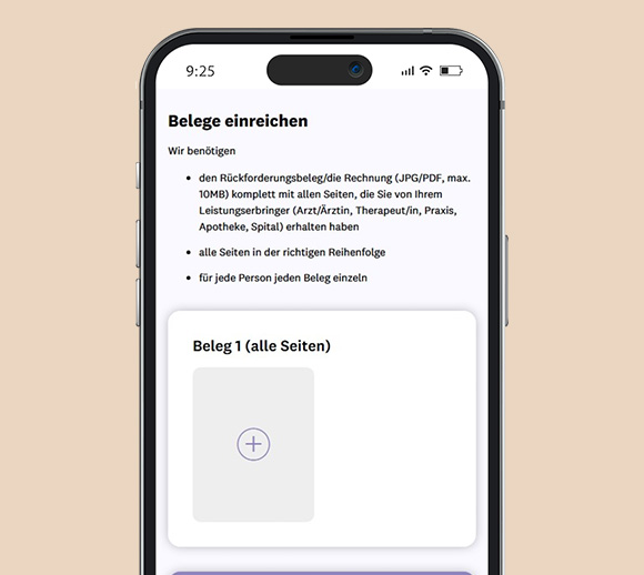 Smartphone mit geöffneter mySympany App. Auf der gezeigten Seite können Belege eingereicht werden.