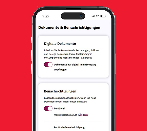 Smartphone mit geöffneter mySympany App. Zu sehen sind die Einstellungen über Benachrichtigungen und digitale Dokumenten.
