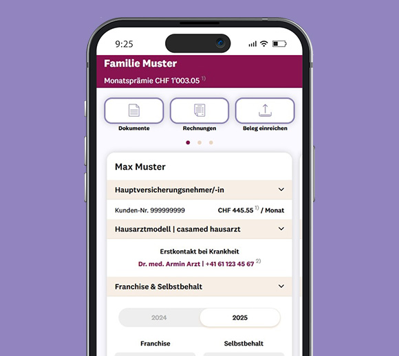 Smartphone mit geöffneter mySympany App. Zu sehen ist die Übersichtsseite.